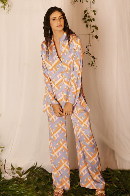 Buy_Nirmooha_Multi Color Modal Satin Geometric Mandarin Collar Kurta And Pant Set_Online_at_Aza_Fashions