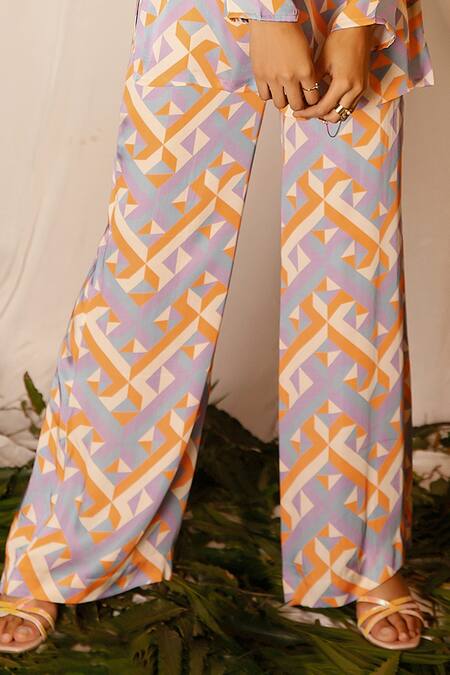 Nirmooha_Multi Color Modal Satin Geometric Mandarin Collar Kurta And Pant Set_at_Aza_Fashions