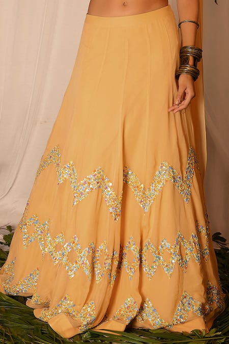 Shop_Nirmooha_Yellow Organza, Georgette Sequin V Neck Draped Blouse And Lehenga Set _Online_at_Aza_Fashions
