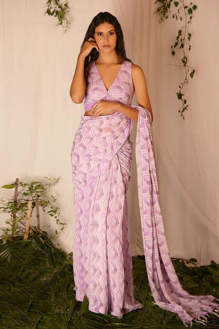 Nirmooha_Purple Georgette Geometric, Sequin V Neck Printed Pre-draped Saree With Blouse _Online_at_Aza_Fashions