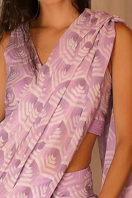 Buy_Nirmooha_Purple Georgette Geometric, Sequin V Neck Printed Pre-draped Saree With Blouse _Online_at_Aza_Fashions