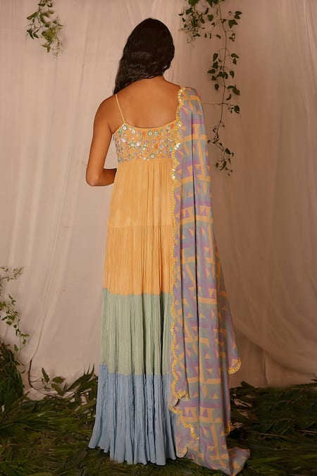 Shop_Nirmooha_Multi Color Chinon Chiffon Geometric, Embroidered Tiered Anarkali With Dupatta _at_Aza_Fashions