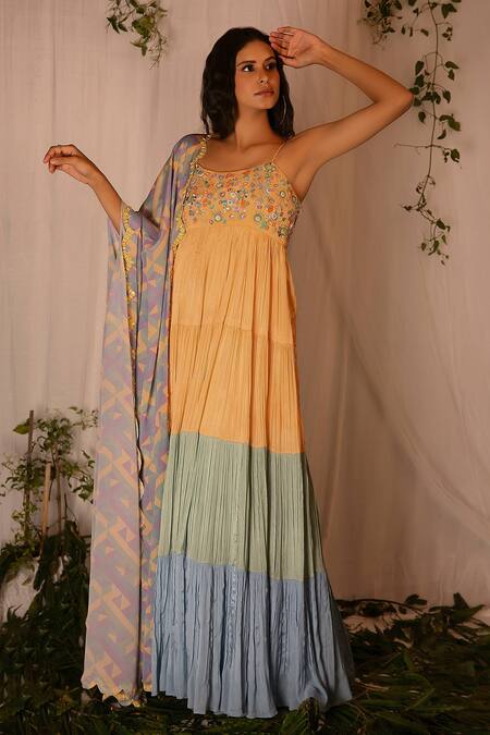 Nirmooha_Multi Color Chinon Chiffon Geometric, Embroidered Tiered Anarkali With Dupatta _Online_at_Aza_Fashions