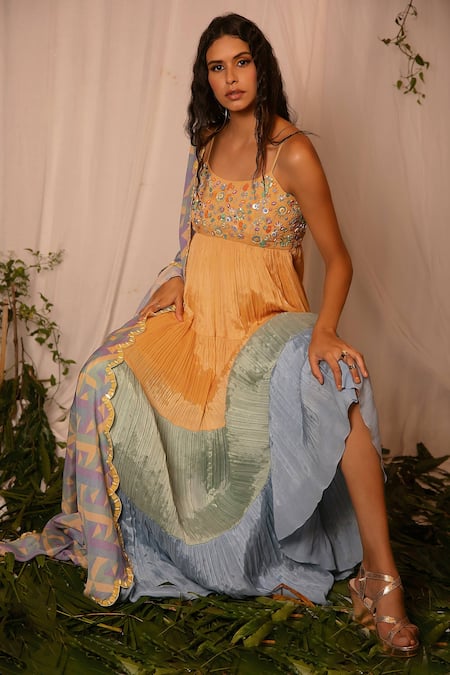 Buy_Nirmooha_Multi Color Chinon Chiffon Geometric, Embroidered Tiered Anarkali With Dupatta _Online_at_Aza_Fashions
