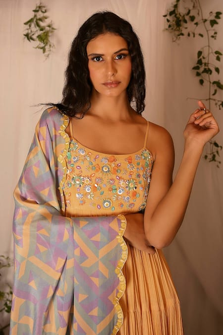 Shop_Nirmooha_Multi Color Chinon Chiffon Geometric, Embroidered Tiered Anarkali With Dupatta _Online_at_Aza_Fashions