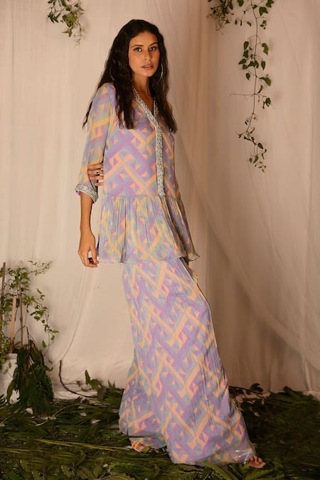Buy_Nirmooha_Multi Color Georgette Geometric, Sequin V Neck Printed Kurta And Palazzo Set _Online_at_Aza_Fashions