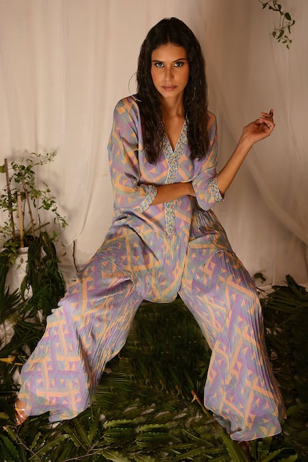 Shop_Nirmooha_Multi Color Georgette Geometric, Sequin V Neck Printed Kurta And Palazzo Set _Online_at_Aza_Fashions