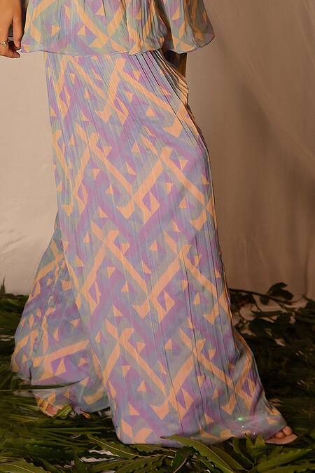 Nirmooha_Multi Color Georgette Geometric, Sequin V Neck Printed Kurta And Palazzo Set _at_Aza_Fashions