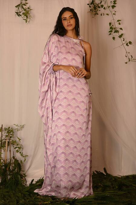 Buy_Nirmooha_Purple Modal Satin Geometric, Sequin Round Printed One Shoulder Kaftan _Online_at_Aza_Fashions