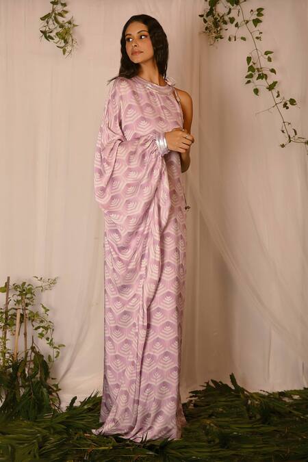 Shop_Nirmooha_Purple Modal Satin Geometric, Sequin Round Printed One Shoulder Kaftan _Online_at_Aza_Fashions