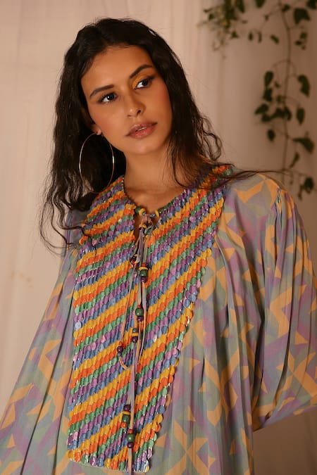 Nirmooha_Multi Color Georgette Geometric, Sequin Round Printed Kaftan _Online_at_Aza_Fashions