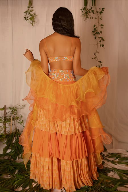 Shop_Nirmooha_Orange Organza, Georgette Geometric, Sequin V Neck Layered Printed Lehenga Set _at_Aza_Fashions