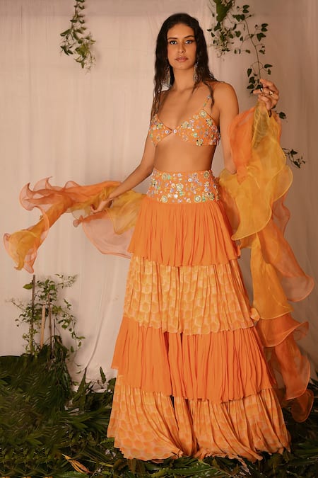 Nirmooha_Orange Organza, Georgette Geometric, Sequin V Neck Layered Printed Lehenga Set _Online_at_Aza_Fashions