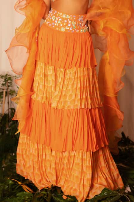 Nirmooha_Orange Organza, Georgette Geometric, Sequin V Neck Layered Printed Lehenga Set _at_Aza_Fashions