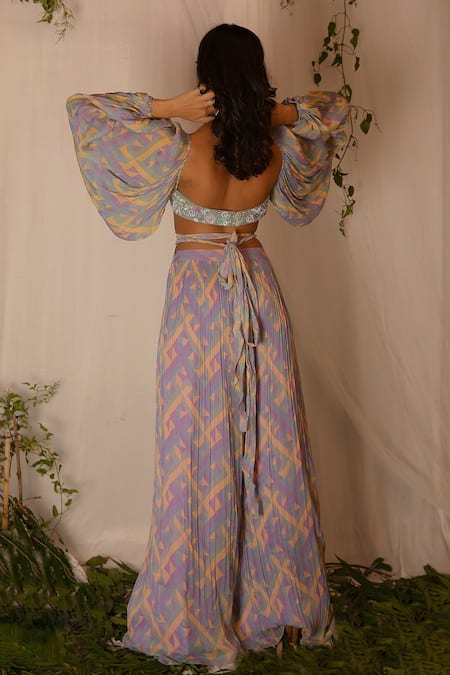 Nirmooha Chiffon Printed Crop Top & Flared Pant Set 