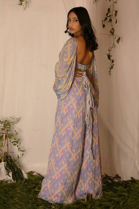 Buy_Nirmooha_Multi Color Chiffon Geometric, Sequin Printed Crop Top And Flared Pant Set _Online_at_Aza_Fashions