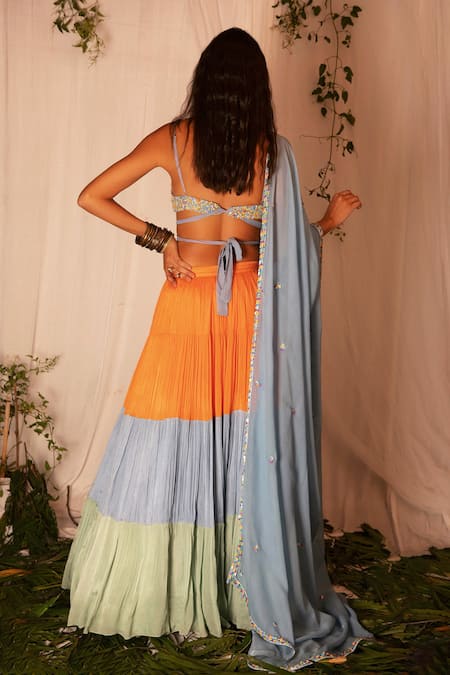 Shop_Nirmooha_Multi Color Chinon Chiffon Printed Sequin V Neck Pleated Tiered Lehenga Set _at_Aza_Fashions