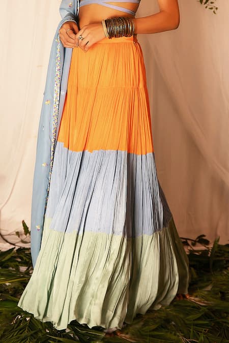 Shop_Nirmooha_Multi Color Chinon Chiffon Printed Sequin V Neck Pleated Tiered Lehenga Set _Online_at_Aza_Fashions