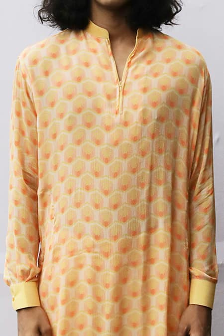 Nirmooha Orange Chinnon Chiffon And Organic Silk Geometric Kurta Pant Set Online at Aza Fashions Nirmooha_Orange Chinnon Chiffon And Organic Silk Geometric Kurta Pant Set _Online_at_Aza_Fashions