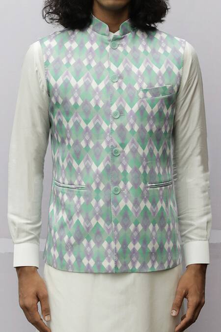 Nirmooha Blue Organic Silk And Modal Satin Geometric Bundi & Kurta Set Online at Aza Fashions Nirmooha_Blue Organic Silk And Modal Satin Geometric Bundi & Kurta Set _Online_at_Aza_Fashions