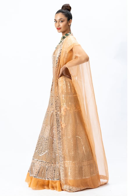 Nirmooha_Orange Organza Leaf Neck Hand Embroidered Bridal Lehenga Set _Online_at_Aza_Fashions