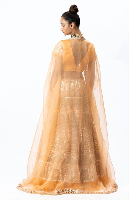 Buy_Nirmooha_Orange Organza Leaf Neck Hand Embroidered Bridal Lehenga Set _Online_at_Aza_Fashions