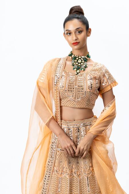 Shop_Nirmooha_Orange Organza Leaf Neck Hand Embroidered Bridal Lehenga Set _Online_at_Aza_Fashions