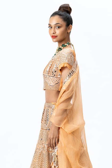 Nirmooha_Orange Organza Leaf Neck Hand Embroidered Bridal Lehenga Set _at_Aza_Fashions