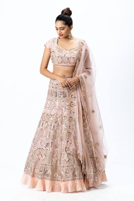 Nirmooha_Pink Organza Leaf Neck Hand Embroidered Bridal Lehenga Set _Online_at_Aza_Fashions
