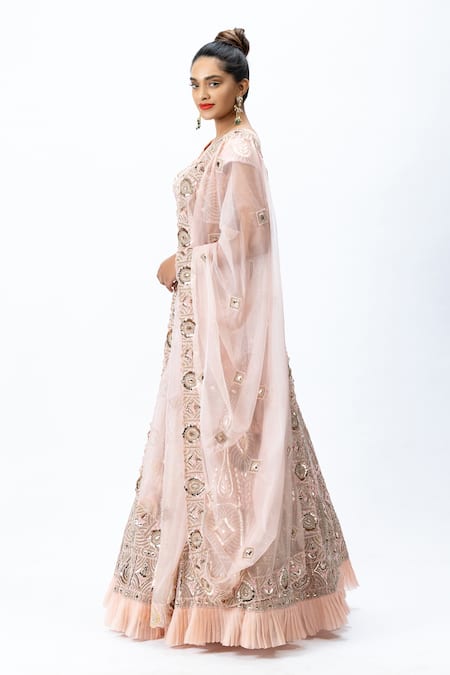 Buy_Nirmooha_Pink Organza Leaf Neck Hand Embroidered Bridal Lehenga Set _Online_at_Aza_Fashions