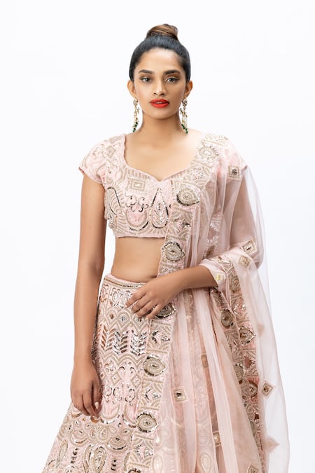 Shop_Nirmooha_Pink Organza Leaf Neck Hand Embroidered Bridal Lehenga Set _Online_at_Aza_Fashions