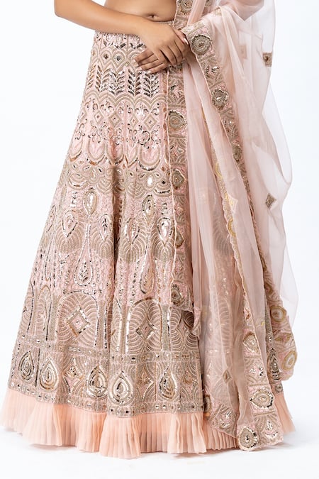 Nirmooha_Pink Organza Leaf Neck Hand Embroidered Bridal Lehenga Set _at_Aza_Fashions
