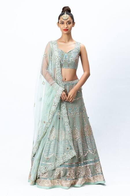 Nirmooha Green Organza Leaf Neck Hand Embroidered Lehenga Set Online at Aza Fashions Nirmooha_Green Organza Leaf Neck Hand Embroidered Lehenga Set _Online_at_Aza_Fashions