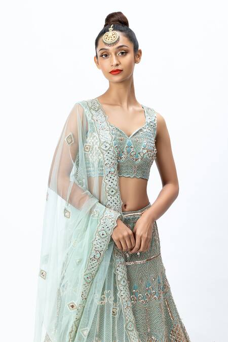 Buy Nirmooha Green Organza Leaf Neck Hand Embroidered Lehenga Set Online at Aza Fashions Buy_Nirmooha_Green Organza Leaf Neck Hand Embroidered Lehenga Set _Online_at_Aza_Fashions