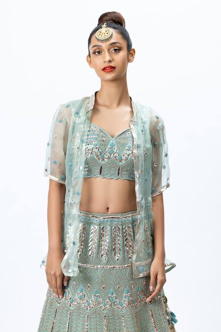 Shop Nirmooha Green Organza Leaf Neck Hand Embroidered Lehenga Set Online at Aza Fashions Shop_Nirmooha_Green Organza Leaf Neck Hand Embroidered Lehenga Set _Online_at_Aza_Fashions