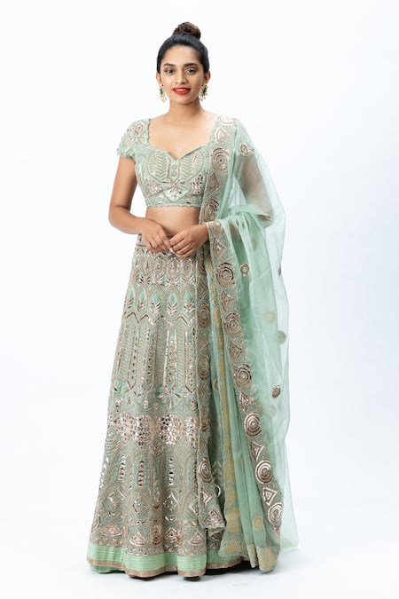 Nirmooha Green Organza Scoop Neck Hand Embroidered Lehenga Set Online at Aza Fashions Nirmooha_Green Organza Scoop Neck Hand Embroidered Lehenga Set _Online_at_Aza_Fashions