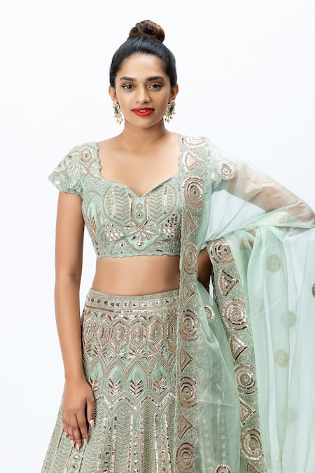 Buy Nirmooha Green Organza Scoop Neck Hand Embroidered Lehenga Set Online at Aza Fashions Buy_Nirmooha_Green Organza Scoop Neck Hand Embroidered Lehenga Set _Online_at_Aza_Fashions