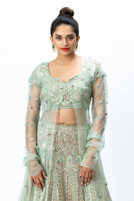 Shop Nirmooha Green Organza Scoop Neck Hand Embroidered Lehenga Set Online at Aza Fashions Shop_Nirmooha_Green Organza Scoop Neck Hand Embroidered Lehenga Set _Online_at_Aza_Fashions