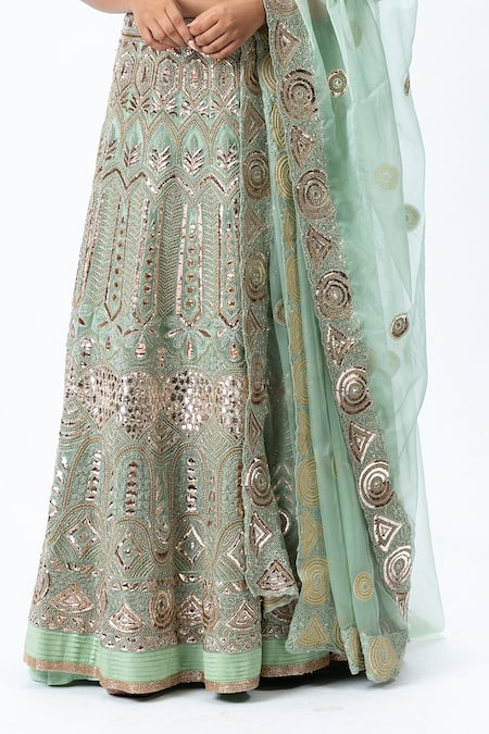 Nirmooha Green Organza Scoop Neck Hand Embroidered Lehenga Set at Aza Fashions Nirmooha_Green Organza Scoop Neck Hand Embroidered Lehenga Set _at_Aza_Fashions