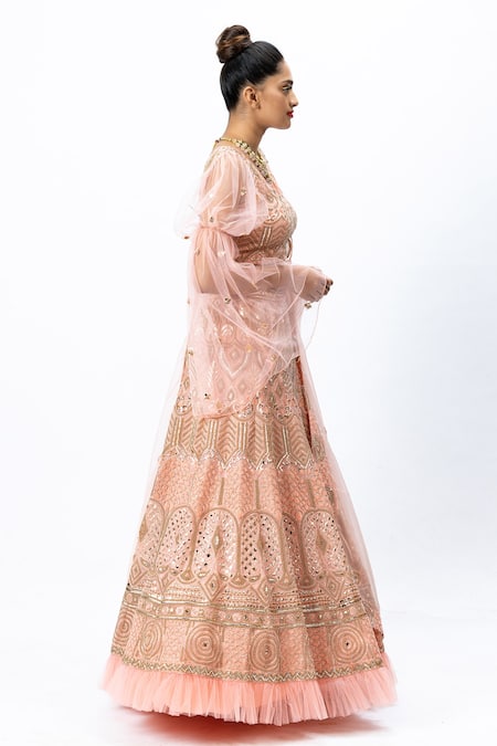 Nirmooha_Pink Organza, Tulle Leaf Neck Hand Embroidered Bridal Lehenga Set _Online_at_Aza_Fashions
