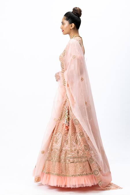 Buy_Nirmooha_Pink Organza, Tulle Leaf Neck Hand Embroidered Bridal Lehenga Set _Online_at_Aza_Fashions