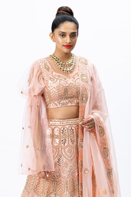 Shop_Nirmooha_Pink Organza, Tulle Leaf Neck Hand Embroidered Bridal Lehenga Set _Online_at_Aza_Fashions