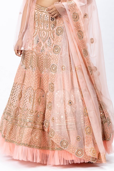 Nirmooha_Pink Organza, Tulle Leaf Neck Hand Embroidered Bridal Lehenga Set _at_Aza_Fashions