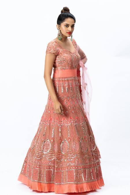 Nirmooha Pink Organza, Tulle, Nokia Silk Leaf Neck Hand Embroidered Anarkali Set Online at Aza Fashions Nirmooha_Pink Organza, Tulle, Nokia Silk Leaf Neck Hand Embroidered Anarkali Set _Online_at_Aza_Fashions