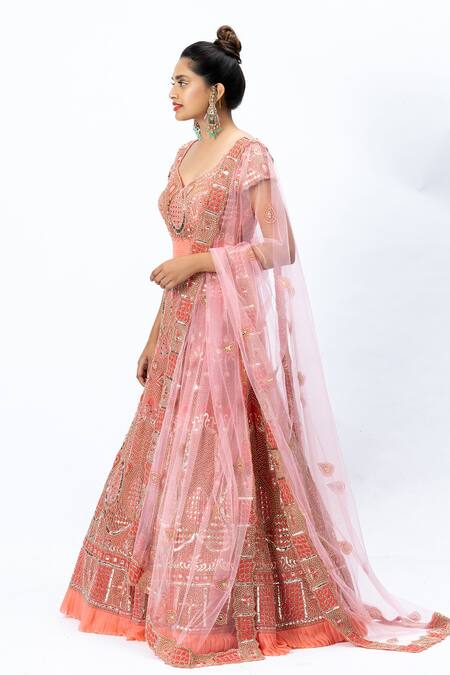 Buy Nirmooha Pink Organza, Tulle, Nokia Silk Leaf Neck Hand Embroidered Anarkali Set Online at Aza Fashions Buy_Nirmooha_Pink Organza, Tulle, Nokia Silk Leaf Neck Hand Embroidered Anarkali Set _Online_at_Aza_Fashions
