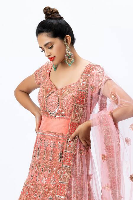 Shop Nirmooha Pink Organza, Tulle, Nokia Silk Leaf Neck Hand Embroidered Anarkali Set Online at Aza Fashions Shop_Nirmooha_Pink Organza, Tulle, Nokia Silk Leaf Neck Hand Embroidered Anarkali Set _Online_at_Aza_Fashions