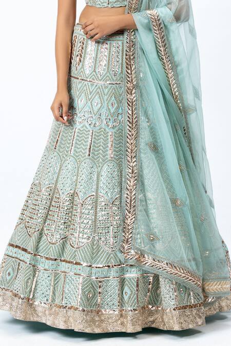 Shop Nirmooha Blue Organza Leaf Neck Hand Embroidered Bridal Lehenga Set Online at Aza Fashions Shop_Nirmooha_Blue Organza Leaf Neck Hand Embroidered Bridal Lehenga Set _Online_at_Aza_Fashions