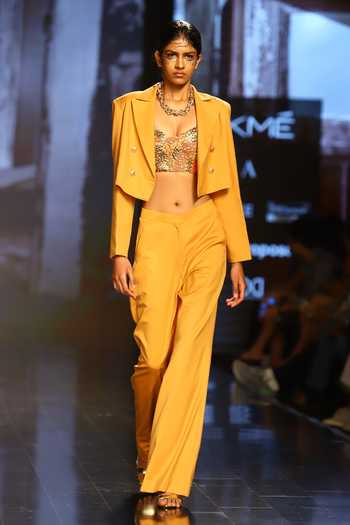 Nirmooha_Yellow Tweed, Suiting Blazer Notched Lapel Collar Pant Set With Bustier_Online_at_Aza_Fashions