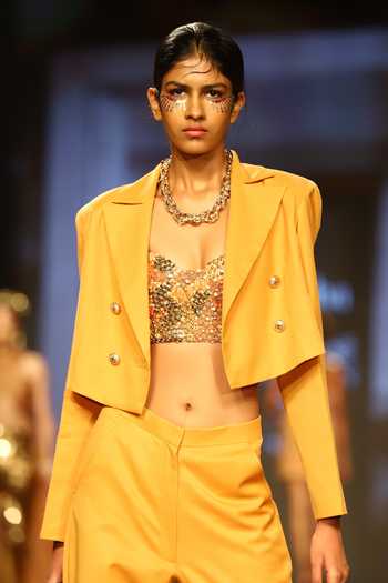 Buy_Nirmooha_Yellow Tweed, Suiting Blazer Notched Lapel Collar Pant Set With Bustier_Online_at_Aza_Fashions