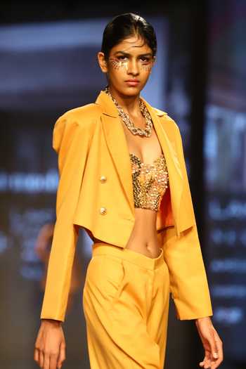 Shop_Nirmooha_Yellow Tweed, Suiting Blazer Notched Lapel Collar Pant Set With Bustier_Online_at_Aza_Fashions